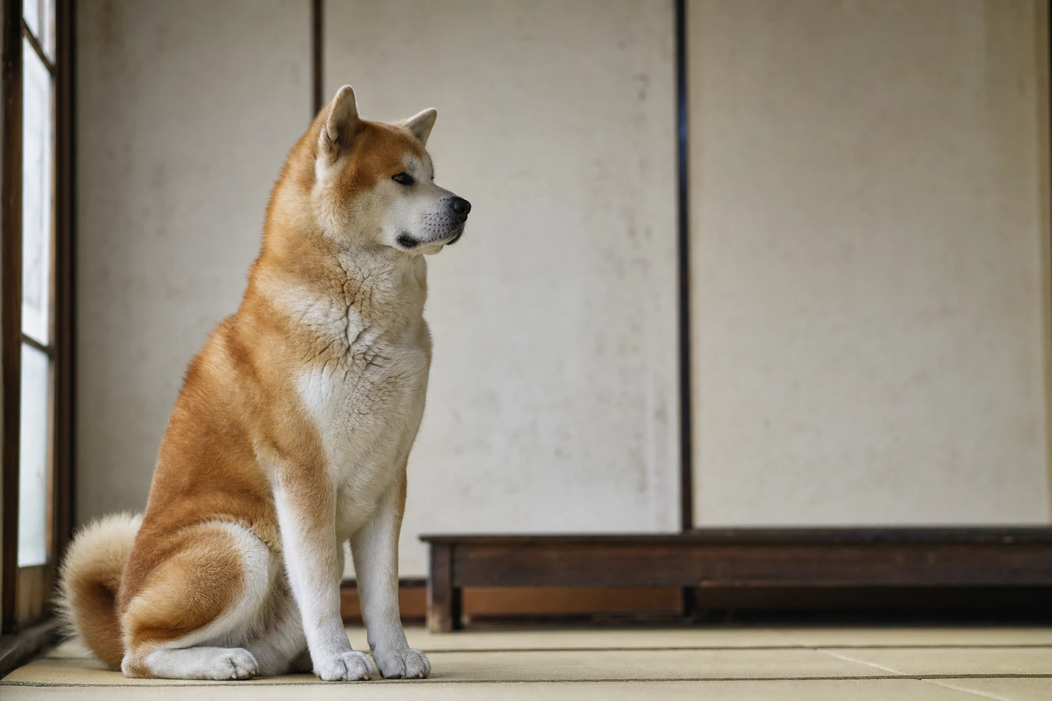 Akita Inu adulte à la robe fauve et blanche, assis avec sérénité dans une pièce japonaise épurée, lumière douce et vaste espace vide autour de lui.