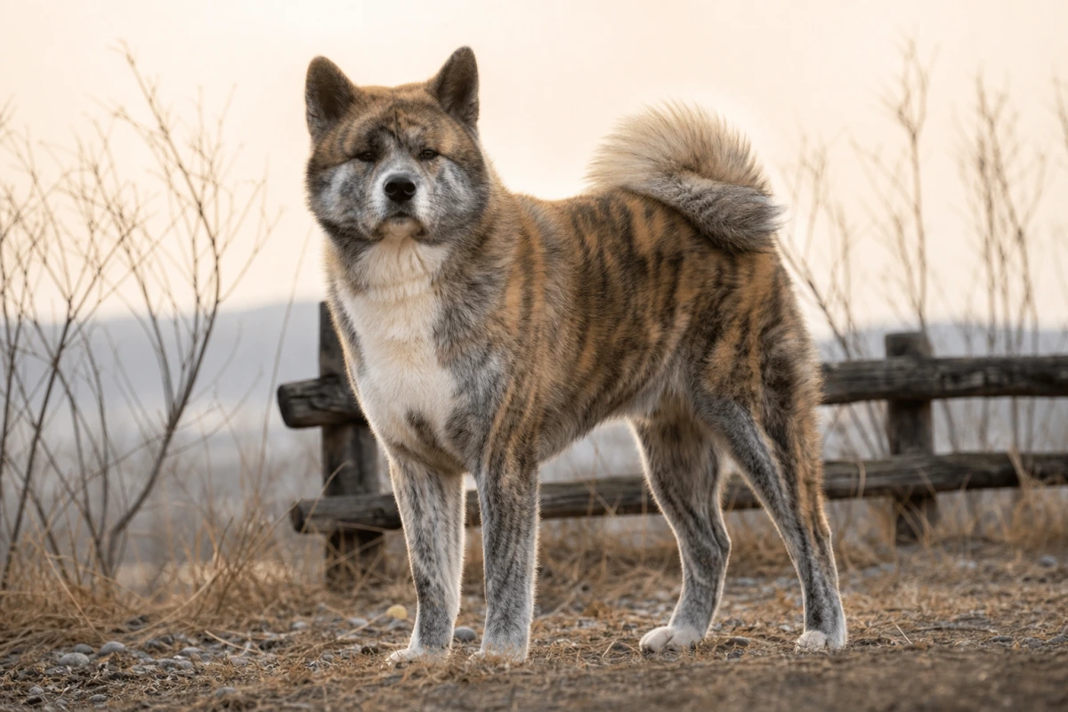 Akita Inu à la robe bringée (torabure), rayures sombres sur fond fauve et marques blanches urajiro sur le poitrail et le museau.