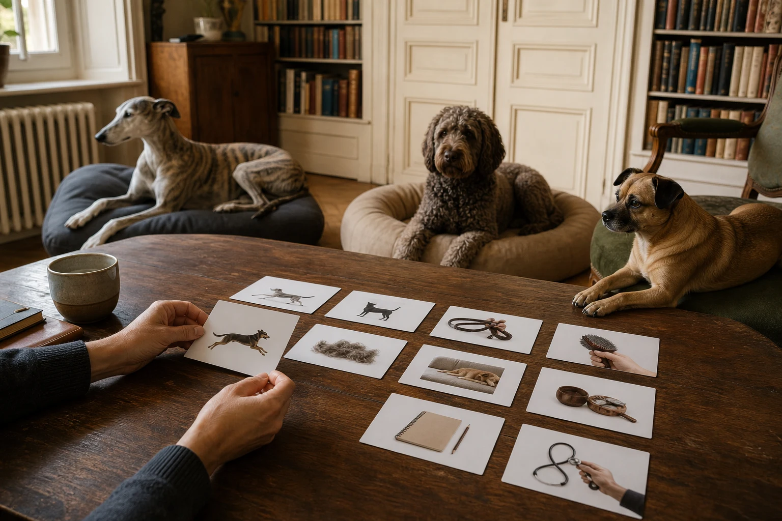 Plusieurs chiens de tailles et de pelages différents auprès d’adultes dans un intérieur calme
